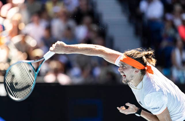 (260118) -- MELBOURNE, Jan. 18, 2026 -- Alexander Zverev serves during the men s singles 1st round match between Alexander Zverev of Germany and Gabriel Diallo of Canada at the Australian Open tennis tournament in Melbourne, Australia, Jan. 18, 2026. (Photo by Xinhua) (SP)AUSTRALIA-MELBOURNE-TENNIS-AUSTRALIAN OPEN-MEN S SINGLES-DAY 1 HuxJingchen 