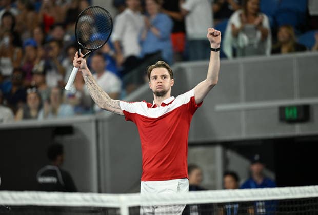 TENNIS AUSTRALIAN OPEN, Alexander Bublik of Kazakhstan celebrates winning the Men™s 1st round match against Jenson Brooksby of USA on day 1 of the 2026 Australian Open tennis tournament at Melbourne Park in Melbourne, Sunday, January 18, 2026. ( NO ARCHIVING MELBOURNE VICTORIA AUSTRALIA  Copyright: xJAMESxROSSx 20260118177966153085
