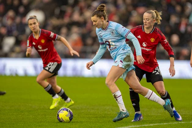 18th January 2026; Leigh Sports Village, Manchester, England; Womens FA Cup Football, Manchester United, ManU versus Burnley; Jasmine Matthews of Burnley Women under pressure from Lea Schuller of Manchester United Women  TimxWilliams Content restricted for UK based newspaper