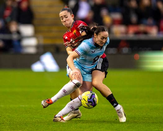 18th January 2026; Leigh Sports Village, Manchester, England; Womens FA Cup Football, Manchester United, ManU versus Burnley; Claudia Walker of Burnley Women is tackled by Maya Le Tissier of Manchester United Women  TimxWilliams Content restricted for UK based newspaper
