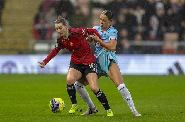 18th January 2026; Leigh Sports Village, Manchester, England; Womens FA Cup Football, Manchester United, ManU versus Burnley; Elisabeth Terland of Manchester United Women pulls the short of Naomi Hartley of Burnley Women  TimxWilliams Content restricted for UK based newspaper
