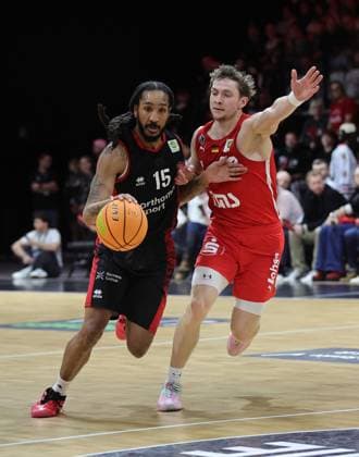 18 01 2026 Basketball Season 2025 2026 2 Bundesliga Pro A 18 Matchday Nuremberg Falcons Basketball Club NBC Bayer Giants Leverkusen Sportfoto Zink DaMa xdaxmax Donte Nicholas 15, Bayer Giants Leverkusen Vincent John Friederici 30, Nuremberg Falcons BC NBC