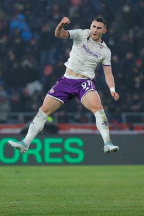 Roberto Piccoli of ACF Fiorentina celebrates after scoring goal in the 48th minute for 0-2 during the match of 21th day of the Serie A Championship between Bologna FC vs ACF Fiorentina at the Renato dall Ara Stadium on 15 January 2026 in Bologna, BO.  Copyright: xEmanuelexPennacchio IPAxSportx xipa-agency.netx xx IPA_70253900 IPA_Agency_IPA70253900