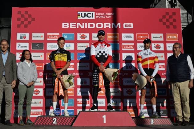 UCI Cyclocross World Cup 2025-2026 Benidorm BENIDORM, SPAIN - JANUARY 18 : Van Der Poel Mathieu (NED) of Alpecin-Deceuninck, Nys Thibau (BEL) of Baloise Glowi Lions and Orts Lloret Felipe (SPA) of Ridley Racing Team during the podium ceremony of the 10th leg of the Benidorm UCI Cyclocross World Cup 2025-2026 a cyclocross race for Men Elite on January 18, 2026 in Benidorm, Spain, 18 01 2026 ( Benidorm Spain  Copyright: xBcex