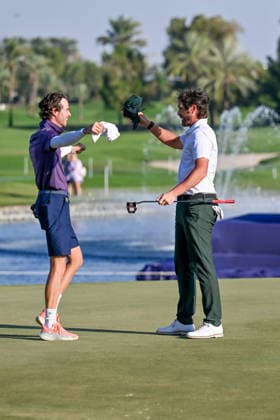 Nacho Elvira wins 2026 Dubai Invitational Golf Title in Dubai DUBAI, UNITED ARAB EMIRATES - JANUARY 18: Spanish golfer Nacho Elvira (R) wins the final match of the 2026 Dubai Invitational Golf European Tour tournament in Dubai, United Arab Emirates, on January 18, 2026. Waleed Zein Anadolu Dubai United Arab Emirates. Editorial use only. Please get in touch for any other usage.  Copyright: x2026xAnadoluxWaleedxZeinx