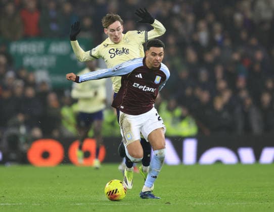 Birmingham, England, 18th January 2026. Morgan Rogers of Aston Villa (l) tussles with James Garner of Everton (r) during the Aston Villa vs Everton Premier League match at Villa Park, Birmingham. Picture credit should read: Jessica Hornby Sportimage EDITORIAL USE ONLY. No use with unauthorised audio, video, data, fixture lists, club league logos or live services. Online in-match use limited to 120 images, no video emulation. No use in betting, games or single club league player publications. SPI_045_JH_Villa_Everton SPI-4460-0045