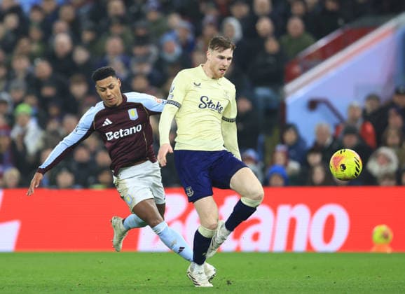 Birmingham, England, 18th January 2026. Ollie Watkins of Aston Villa (l) and Jake O™Brien of Everton (r) during the Aston Villa vs Everton Premier League match at Villa Park, Birmingham. Picture credit should read: Jessica Hornby Sportimage EDITORIAL USE ONLY. No use with unauthorised audio, video, data, fixture lists, club league logos or live services. Online in-match use limited to 120 images, no video emulation. No use in betting, games or single club league player publications. SPI_051_JH_Villa_Everton SPI-4460-0051
