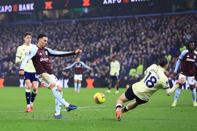 Birmingham, England, 18th January 2026. Morgan Rogers of Aston Villa shoots during the Aston Villa vs Everton Premier League match at Villa Park, Birmingham. Picture credit should read: Jessica Hornby Sportimage EDITORIAL USE ONLY. No use with unauthorised audio, video, data, fixture lists, club league logos or live services. Online in-match use limited to 120 images, no video emulation. No use in betting, games or single club league player publications. SPI_053_JH_Villa_Everton SPI-4460-0053