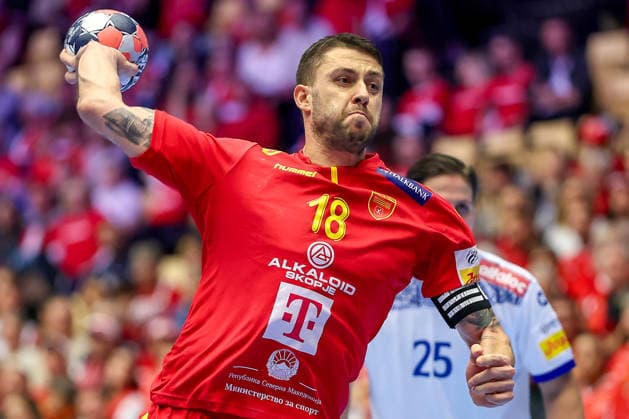18 01 2026, Handball, Men s EHF EURO 2026, Portugal North Macedonia, Jyske Bank Boxen in Herning, Denmark, Preliminary Round Filip Kuzmanovski North Macedonia 18 Denmark