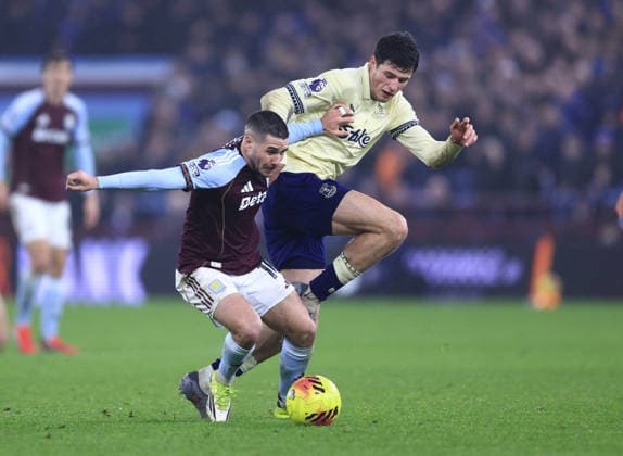 Birmingham, England, 18th January 2026. Merlin Röhl of Everton disrupts Emiliano Buendia of Aston Villa during the Aston Villa vs Everton Premier League match at Villa Park, Birmingham. Picture credit should read: Jessica Hornby Sportimage EDITORIAL USE ONLY. No use with unauthorised audio, video, data, fixture lists, club league logos or live services. Online in-match use limited to 120 images, no video emulation. No use in betting, games or single club league player publications. SPI_060_JH_Villa_Everton SPI-4460-0060