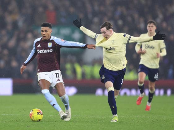 Birmingham, England, 18th January 2026. Ollie Watkins of Aston Villa tussles with James Garner of Everton during the Aston Villa vs Everton Premier League match at Villa Park, Birmingham. Picture credit should read: Jessica Hornby Sportimage EDITORIAL USE ONLY. No use with unauthorised audio, video, data, fixture lists, club league logos or live services. Online in-match use limited to 120 images, no video emulation. No use in betting, games or single club league player publications. SPI_062_JH_Villa_Everton SPI-4460-0062