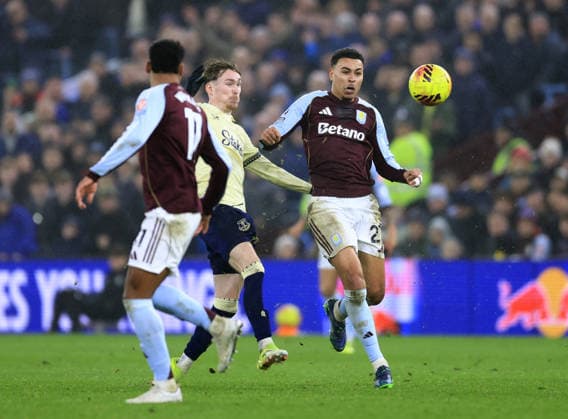Birmingham, England, 18th January 2026. Morgan Rogers of Aston Villa and James Garner of Everton during the Aston Villa vs Everton Premier League match at Villa Park, Birmingham. Picture credit should read: Jessica Hornby Sportimage EDITORIAL USE ONLY. No use with unauthorised audio, video, data, fixture lists, club league logos or live services. Online in-match use limited to 120 images, no video emulation. No use in betting, games or single club league player publications. SPI_066_JH_Villa_Everton SPI-4460-0066