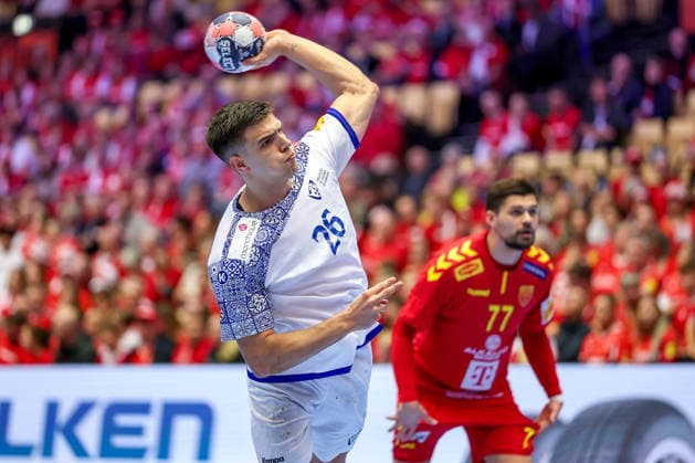 18 01 2026, Handball, Men s EHF EURO 2026, Portugal North Macedonia, Jyske Bank Boxen in Herning, Denmark, Preliminary Round Francisco Mota Costa Portugal 26 Denmark