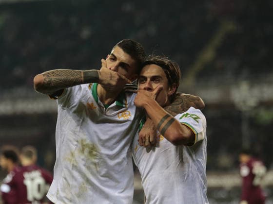 CALCIO - Serie A - Torino FC vs AS Roma Paolo Dybala of AS Roma and Gianluca Mancini of AS Roma celebrating after a goal during the Italian Serie A, 2025 26 season, football match between Torino FC and AS Roma on 18 January 2026, at Stadio Olimpico Grande Torino, Italy. Photo Nderim KACELI Turin Italy  Copyright: xIPAxSport ABACAx