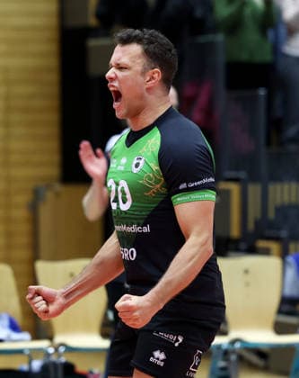 18 01 2026, Germany, Ludwigsburg, Volleyball Barock Volleys Ludwigsburg vs Baden Volleys SSC Karlsruhe, Jeffrey Klok LB cheers
