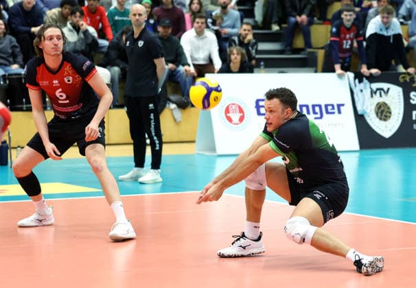 18 01 2026, Germany, Ludwigsburg, Volleyball Barock Volleys Ludwigsburg vs Baden Volleys SSC Karlsruhe, f l Ben Simon Bonin LB , Jeffrey Klok LB