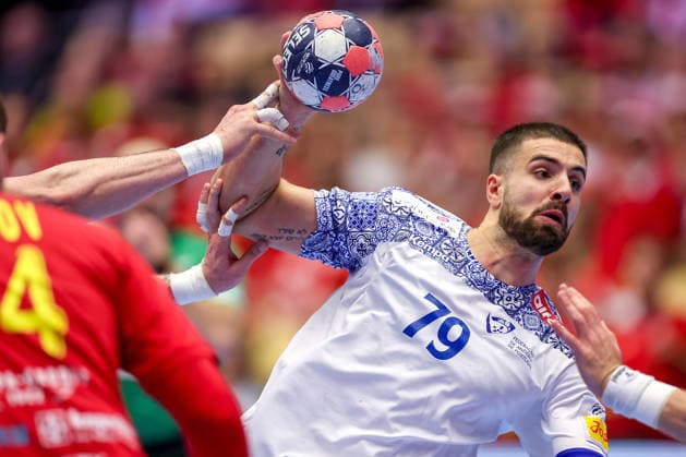 18 01 2026, Handball, Men s EHF EURO 2026, Portugal North Macedonia, Jyske Bank Boxen in Herning, Denmark, Preliminary Round David Savrevski North Macedonia 79 Denmark