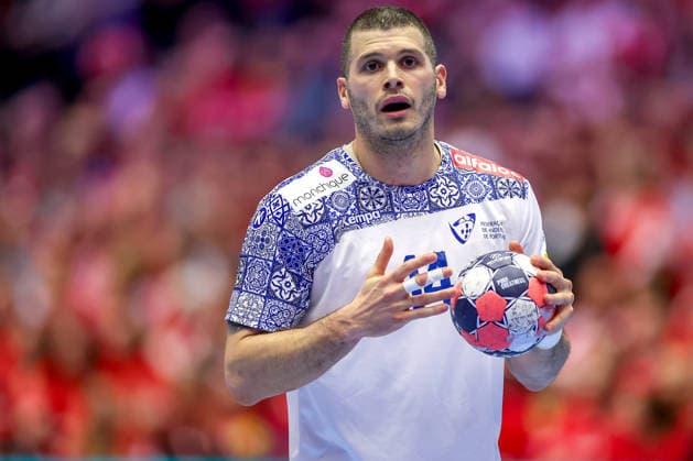 18 01 2026, Handball, Men s EHF EURO 2026, Portugal North Macedonia, Jyske Bank Boxing in Herning, Denmark, Preliminary Round Rui Sousa Martins Silva Portugal 14 Denmark