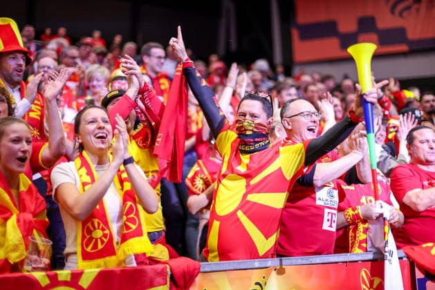 18 01 2026, Handball, Men s EHF EURO 2026, Portugal North Macedonia, Jyske Bank Boxing in Herning, Denmark, Preliminary Round Feature Good mood European Championship emotions Fans Handball fans Spectators Visitors North Macedonian North Macedonians Denmark