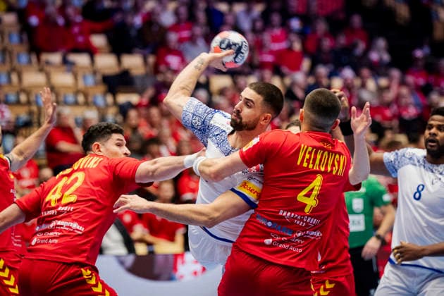 DENMARK EM Men s Handball North Macedonia Portugal North Macedonia s Martin Velkovski and Marko Stojkovikj and Portugal s Martim Costa during the men s handball match between North Macedonia and Portugal in EHF Euro 2026 group B at Jyske Bank Boxen in Herning on Sunday, January 18, 2026 Photo Sebastian Elias Uth Ritzau Scanpix , Denmark  Copyright: Ritzau Scanpix SebastianxEliasxUthx spdk20260118-200625-L