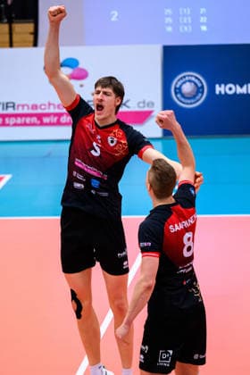 Ludwigsburg 1 BLM 25 26 MTV Ludwigsburg SSC Karlsruhe Jan Huber Ludwigsburg , Tomi Saarinen Ludwigsburg Jubel Freude Emotion Ludwigsburg Innenstadtsporthalle Baden Württemberg Germany