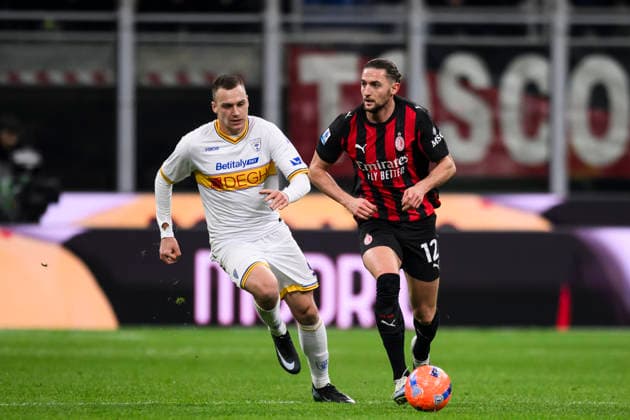 AC Milan v US Lecce - Serie A Adrien Rabiot of AC Milan competes for the ball with Nikola Stulic of US Lecce during the Serie A football match between AC Milan and US Lecce. Milan Italy Copyright: xNicolòxCampox