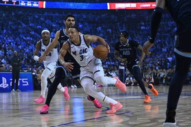 Orlando Magic v Memphis Grizzlies - NBA, Basketball Herren, USA London 2026 LONDON, UNITED KINGDOM - JANUARY 18: Desmond Bane (3) of Orlando Magic in action during the NBA London 2026 game between the Orlando Magic and the Memphis Grizzlies at O2 Arena in London, United Kingdom, on January 18, 2026. Rasid Necati Aslim Anadolu London United Kingdom. Editorial use only. Please get in touch for any other usage.  Copyright: x2026xAnadoluxRasidxNecatixAslimx