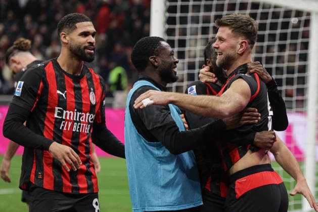 AC Milan™s Niclas Fullkrug celebrates with teammates after scoring goal during the Serie A soccer match between A.C Milan. and Lecce at the San Siro Stadium in Milan, Italy - Sunday, January 18, 2026. - Soccer .  Copyright: xStefanoxNicoli LaPressex