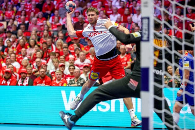 18 01 2026, Handball, Men s EHF EURO 2026, Denmark Romania, Jyske Bank Boxen in Herning, Denmark, Preliminary Round Magnus Landin Jacobsen Denmark 04 Denmark