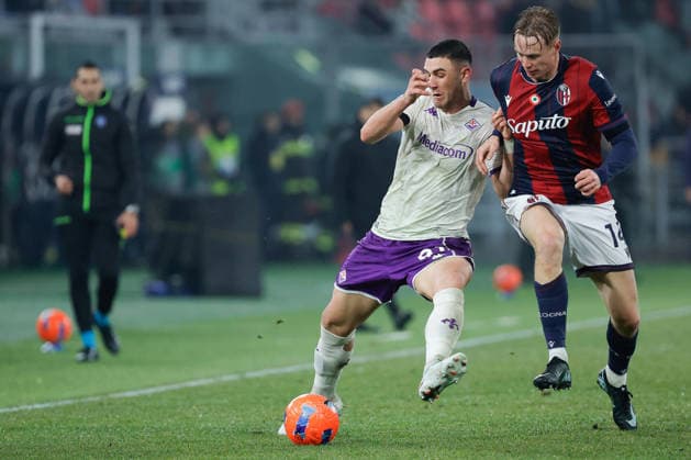 January 18, 2026, Bologna, Italy: Roberto Piccoli of ACF Fiorentina and Torbjorn Heggem of Bologna FC seen in action during the Italian Serie A soccer match Bologna FC vs ACF Fiorentina at Renato dall Ara Stadium..Final score Bologna FC 1:2 ACF Fiorentina Bologna Italy - ZUMAs197 20260118_aaa_s197_145 Copyright: xEmanuelexPennnacchiox