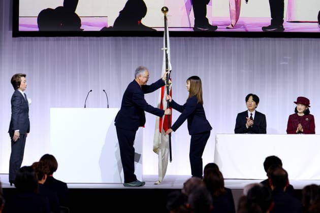 (L-R) JOCSeiko Hashimoto, Hidehito Ito, Kaori Sakamoto (JPN), Crown Prince Akishino, Princess Kiko, JANUARY 18, 2026 - Olympic : Japan national team, Nationalteam Organization Ceremony for the Milano Cortina 2026 Olympic Winter games, Winterspiele,Spiele, Summer games in Chiba, Japan. Noxthirdxpartyxsales  aflo_316488355