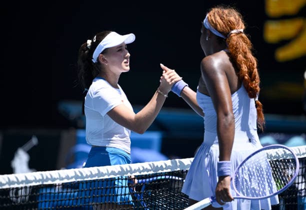 TENNIS AUSTRALIAN OPEN, Coco Gauff of USA is congratulated by Kamilla Rakhimova of Uzbekistan (left) following their Women™s 1st round match on day 2 of the 2026 Australian Open tennis tournament at Melbourne Park in Melbourne, Monday, January 19, 2026. ( NO ARCHIVING MELBOURNE VICTORIA AUSTRALIA  Copyright: xJOELxCARRETTx 20260119125900823725