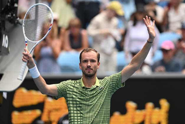 TENNIS AUSTRALIAN OPEN, Danill Medvedev of Russia celebrates winning the Men™s 1st round match against Jesper De Jong of Netherlands on day 2 of the 2026 Australian Open tennis tournament at Melbourne Park in Melbourne, Monday, January 19, 2026. ( NO ARCHIVING MELBOURNE VICTORIA AUSTRALIA  Copyright: xLUKASxCOCHx 20260119183863827877