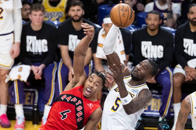 January 18, 2026, Los Angeles, California, USA: Los Angeles LakersÃ¢â‚¬â ¢ Deandre Ayton (5) and Toronto Raptors Scottie Barnes (4) vie for the ball during an NBA, Basketball Herren, USA basketball game at Crypto.com Arena on Sunday, Jan. 18, 2026 in Los Angeles. Los Angeles USA - ZUMAc68_ 20260118_zaf_c68_087 Copyright: xRingoxChiux
