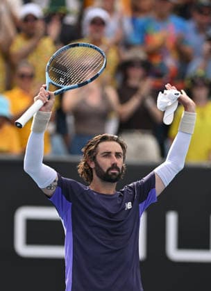 TENNIS AUSTRALIAN OPEN, Jordan Thompson of Australia celebrates winning the Men™s 1st round match against Juan Manuel Cerundolo of Argentina on day 2 of the 2026 Australian Open tennis tournament at Melbourne Park in Melbourne, Monday, January 19, 2026. ( NO ARCHIVING MELBOURNE VICTORIA AUSTRALIA  Copyright: xLUKASxCOCHx 20260119181523605400