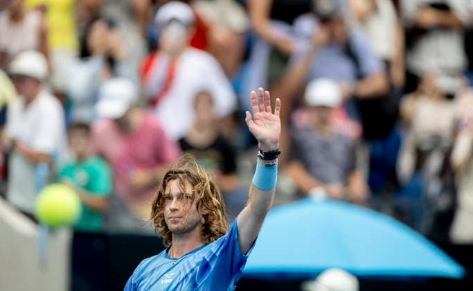 (260119) -- MELBOURNE, Jan. 19, 2026 -- Andrey Rublev of Russia celebrates after winning the men s singles 1st round match against Matteo Arnaldi of Italy at the Australian Open tennis tournament in Melbourne, Australia, Jan. 19, 2026. (Photo by Xinhua) (SP)AUSTRALIA-MELBOURNE-TENNIS-AUSTRALIAN OPEN-MEN S SINGLES-DAY 2 HuxJingchen 
