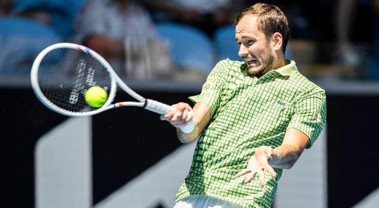 (260119) -- MELBOURNE, Jan. 19, 2026 -- Daniil Medvedev of Russia hits a return during the men s singles 1st round match against Jesper de Jong of the Netherlands at the Australian Open tennis tournament in Melbourne, Australia, Jan. 19, 2026. (Photo by Xinhua) (SP)AUSTRALIA-MELBOURNE-TENNIS-AUSTRALIAN OPEN-MEN S SINGLES-DAY 2 HuxJingchen 