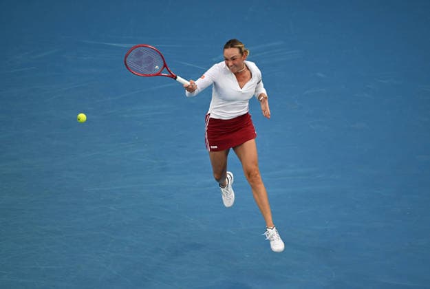 TENNIS AUSTRALIAN OPEN, Donna Vekic of Croatia in action during the Women™s 1st round match against Mirra Andreeva of Russia on day 2 of the 2026 Australian Open tennis tournament at Melbourne Park in Melbourne, Monday, January 19, 2026. ( NO ARCHIVING MELBOURNE VICTORIA AUSTRALIA  Copyright: xLUKASxCOCHx 20260119136042847285
