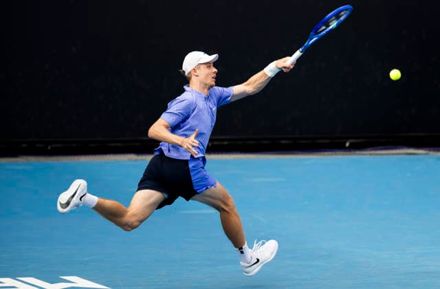 (260119) -- MELBOURNE, Jan. 19, 2026 -- Denis Shapovalov hits a return during the men s singles 1st round match between Bu Yunchaokete of China and Denis Shapovalov of Canada at the Australian Open tennis tournament in Melbourne, Australia, Jan. 19, 2026. (Photo by Xinhua) (SP)AUSTRALIA-MELBOURNE-TENNIS-AUSTRALIAN OPEN-MEN S SINGLES-DAY 2 HuxJingchen 