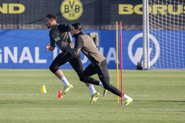 19 01 2026, xgrfx, Football UEFA Champions League, Borussia Dortmund Training v l Felix Nmecha, Ramy Bensebaini Borussia Dortmund DFL DFB REGULATIONS PROHIBIT ANY USE OF PHOTOGRAPHS as IMAGE SEQUENCES and or QUASI VIDEO Dortmund