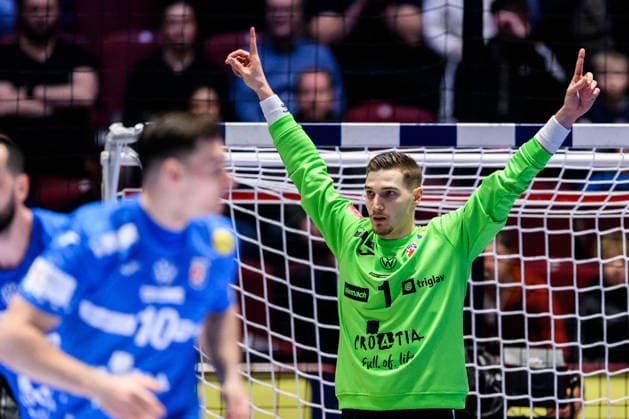 260119 Goalkeeper Dominik Kuzmanovic of Croatia celebrates during the EHF European Handball Championship preliminary round match between the Netherlands and Croatia on January 19, 2026 in Malmö Photo Petter Arvidson BILDBYRAN kod PA PA1126 handball handball handball handballs em 2026 nederländerna netherlands croatia kroatien ehf european handball championship bbeng grappa33 jubel  Copyright: PETTERxARVIDSON BB260119PA033