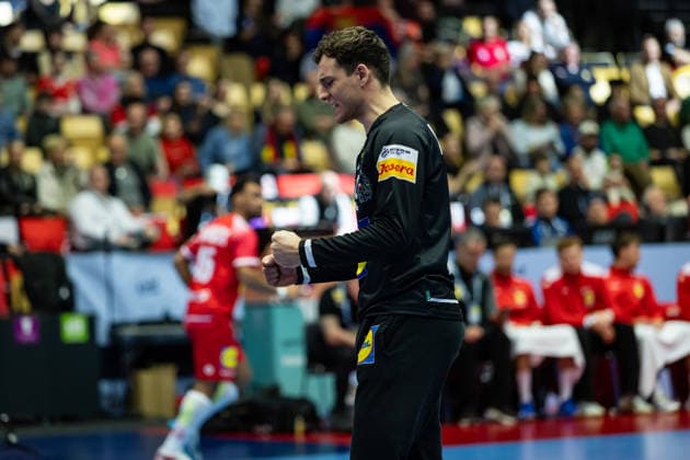 HERNING, DENMARK - JANUARY 19: goalie celebration joy after saved ball Constantin Möstl (Austria, 98) during the EHF EURO 2026 match between Austria vs Serbia at Jyske Bank Boxen Arena on matchday 3 of the Group Matches Group A on January 19, 2026 in Herning, Denmark. Midtjylland Denmark Copyright: xMarioxM.xKobergx