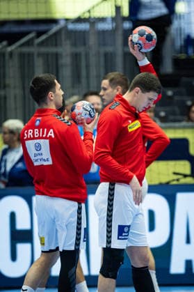 HERNING, DENMARK - JANUARY 19: team Serbia during warm up during the EHF EURO 2026 match between Austria vs Serbia at Jyske Bank Boxen Arena on matchday 3 of the Group Matches Group A on January 19, 2026 in Herning, Denmark. Midtjylland Denmark Copyright: xMarioxM.xKobergx