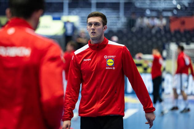 HERNING, DENMARK - JANUARY 19: Mykola Bilyk (Austria, 53) during warm up during the EHF EURO 2026 match between Austria vs Serbia at Jyske Bank Boxen Arena on matchday 3 of the Group Matches Group A on January 19, 2026 in Herning, Denmark. Midtjylland Denmark Copyright: xMarioxM.xKobergx