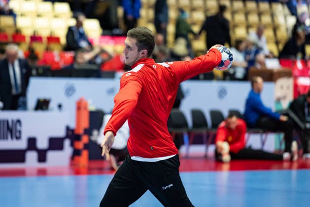 HERNING, DENMARK - JANUARY 19: Mykola Bilyk (Austria, 53) during warm up during the EHF EURO 2026 match between Austria vs Serbia at Jyske Bank Boxen Arena on matchday 3 of the Group Matches Group A on January 19, 2026 in Herning, Denmark. Midtjylland Denmark Copyright: xMarioxM.xKobergx
