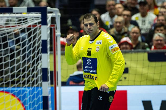HERNING, DENMARK - JANUARY 19: goalie celebration joy after saved ball Dejan Milosavljev (Serbia, 96) during the EHF EURO 2026 match between Austria vs Serbia at Jyske Bank Boxen Arena on matchday 3 of the Group Matches Group A on January 19, 2026 in Herning, Denmark. Midtjylland Denmark Copyright: xMarioxM.xKobergx