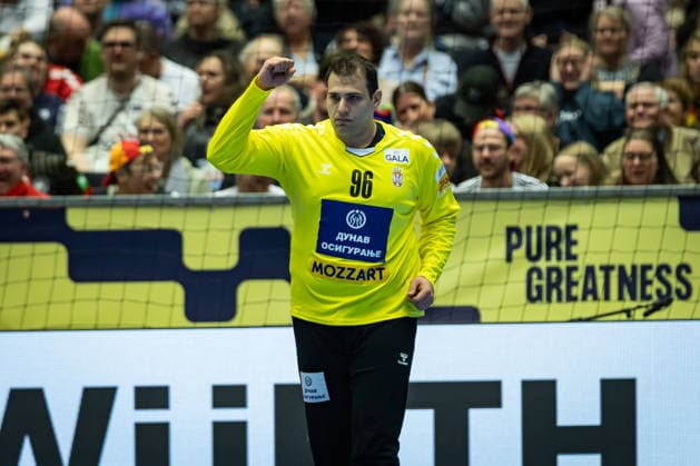 HERNING, DENMARK - JANUARY 19: goalie celebration joy after saved ball Dejan Milosavljev (Serbia, 96) during the EHF EURO 2026 match between Austria vs Serbia at Jyske Bank Boxen Arena on matchday 3 of the Group Matches Group A on January 19, 2026 in Herning, Denmark. Midtjylland Denmark Copyright: xMarioxM.xKobergx