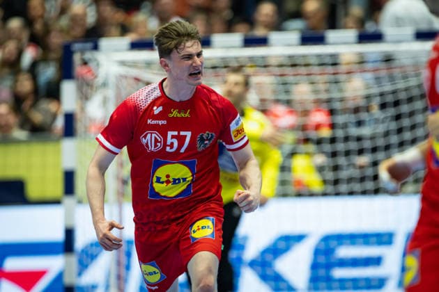 HERNING, DENMARK - JANUARY 19: celebration goal celebration Jakob Nigg (Austria, 57) during the EHF EURO 2026 match between Austria vs Serbia at Jyske Bank Boxen Arena on matchday 3 of the Group Matches Group A on January 19, 2026 in Herning, Denmark. Midtjylland Denmark Copyright: xMarioxM.xKobergx