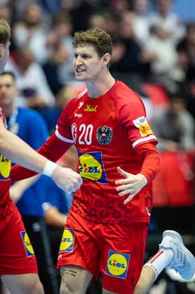 HERNING, DENMARK - JANUARY 19: celebration goal celebration Sebastian Frimmel (Austria, 20) during the EHF EURO 2026 match between Austria vs Serbia at Jyske Bank Boxen Arena on matchday 3 of the Group Matches Group A on January 19, 2026 in Herning, Denmark. Midtjylland Denmark Copyright: xMarioxM.xKobergx