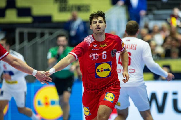 HERNING, DENMARK - JANUARY 19: celebration goal celebration Markus Mahr (Austria, 06) during the EHF EURO 2026 match between Austria vs Serbia at Jyske Bank Boxen Arena on matchday 3 of the Group Matches Group A on January 19, 2026 in Herning, Denmark. Midtjylland Denmark Copyright: xMarioxM.xKobergx